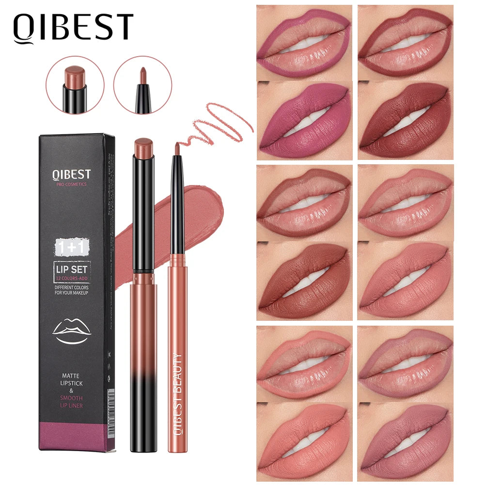 QIBEST 2pcs Lipstick Lipliner Pen Set Matte Velvet Lip Liner Pencil