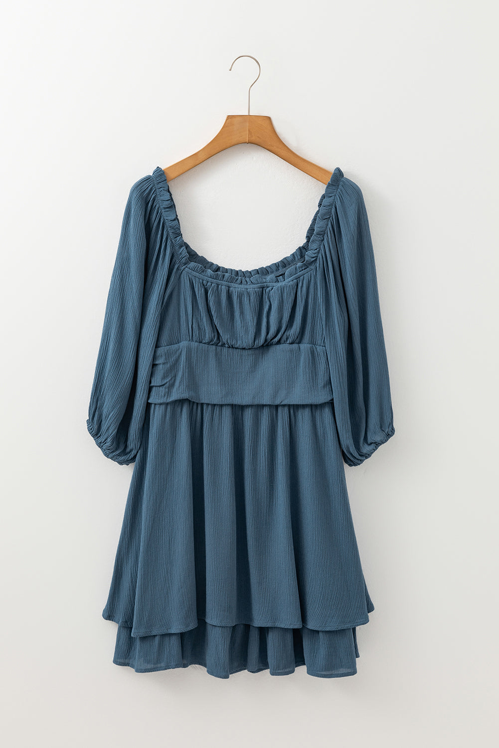 Solid Ruched Frilled Neck 3/4 Sleeve Dress